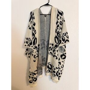 Roffe Accessories Leopard Print Fuzzy Eyelash Knit Open Front Poncho Shawl Cream